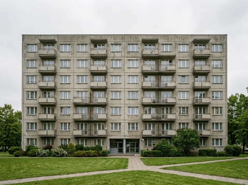 Több emeletes panelház homlokzata erkélysorokkal, előtte gondozott zöldsáv