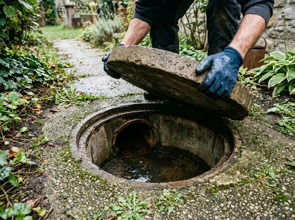 Kesztyűs kéz emeli meg egy kerti betonakna fedelét, alatta a csatornafolyóka
